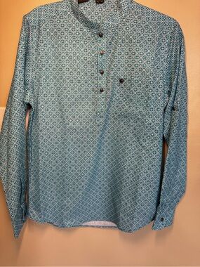 Kurta Zorro Blue/White Geometric Band Collar Long Sleeve Button-Up Shirt 38